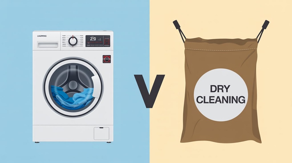 Illustration showing a washing machine and a dry cleaning bag side by side, representing the choice between laundry and dry cleaning for different types of clothes.