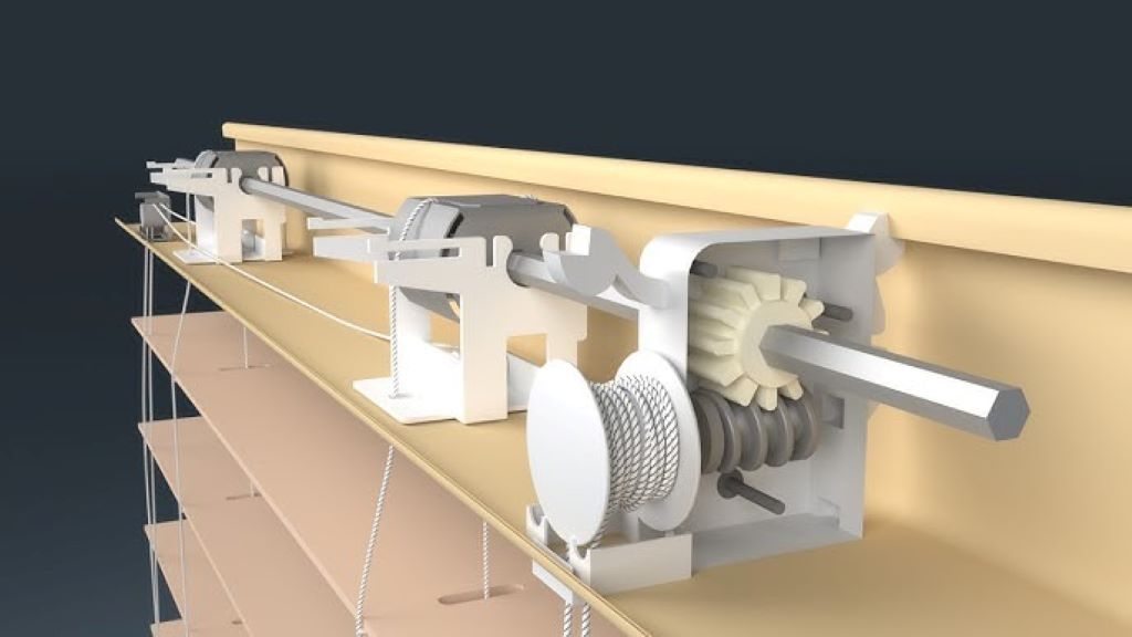 Close-up view of window blind headrail mechanism showing internal components and mounting brackets