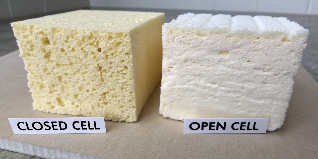 Comparison of closed cell and open cell spray foam insulation showing differences in structure and home application