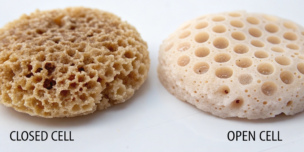 Comparison chart showing key differences between closed cell and open cell foam, including structure, insulation, and applications.