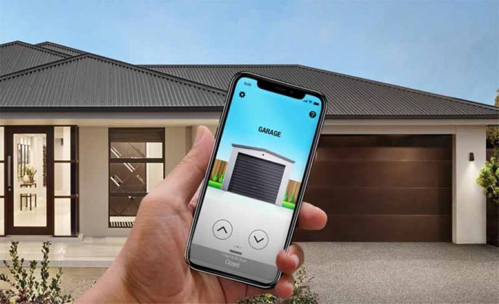 Modern smart garage door with smartphone control showcasing technology revolutionizing American driveways