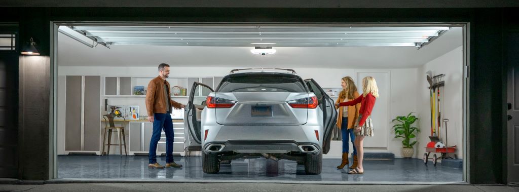 High-tech automated garage door opening in a contemporary home, illustrating smart home innovation