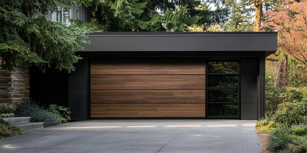 Modern eco-friendly garage door in a Canadian home, highlighting sustainable materials and energy-efficient design