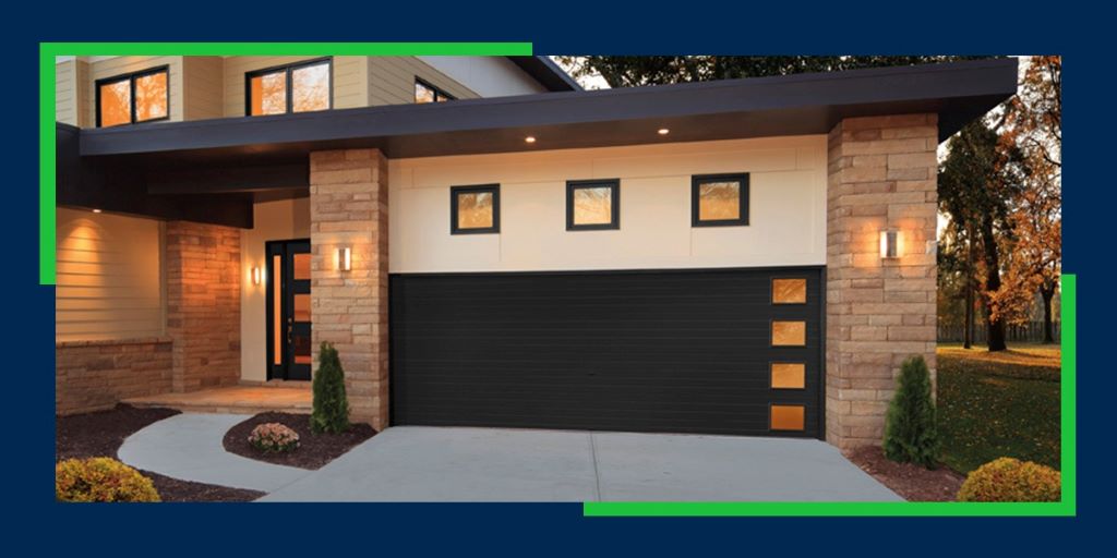 Contemporary garage door combining wood panels, glass windows, and smart tech for futuristic curb appeal