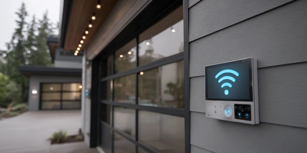 Modern garage door equipped with AI, AR, and IoT technology, showcasing smart home automation features