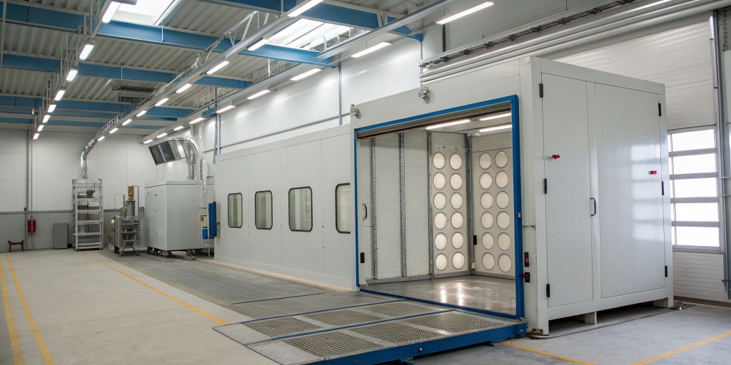 Industrial paint booth with both a large metal structure and smaller components inside, demonstrating its capacity to handle parts of different sizes.