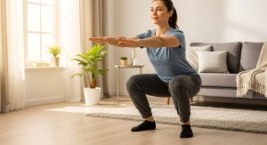 A person performing a perfect bodyweight squat in their living room, demonstrating a zero-equipment strength training idea