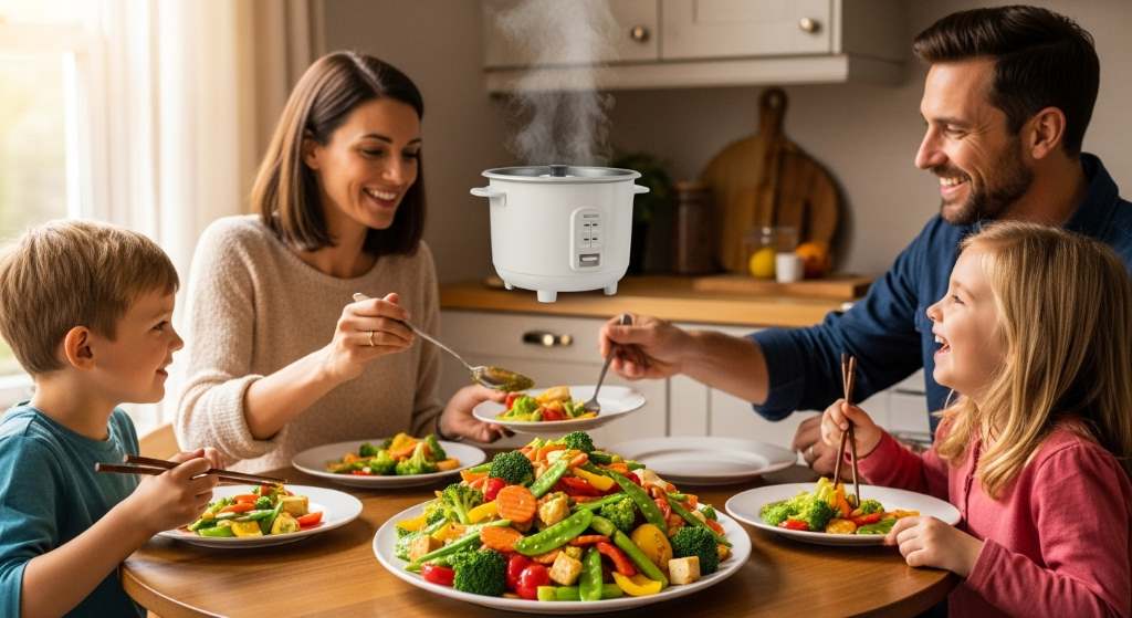 A family of four enjoying a colorful stir-fry meal prepared with a budget rice cooker in the background.