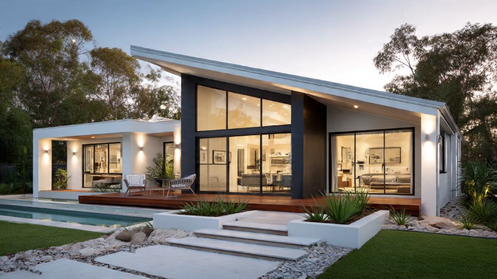 Modern home featuring sleek skillion roof design with single slope and contemporary architectural elements