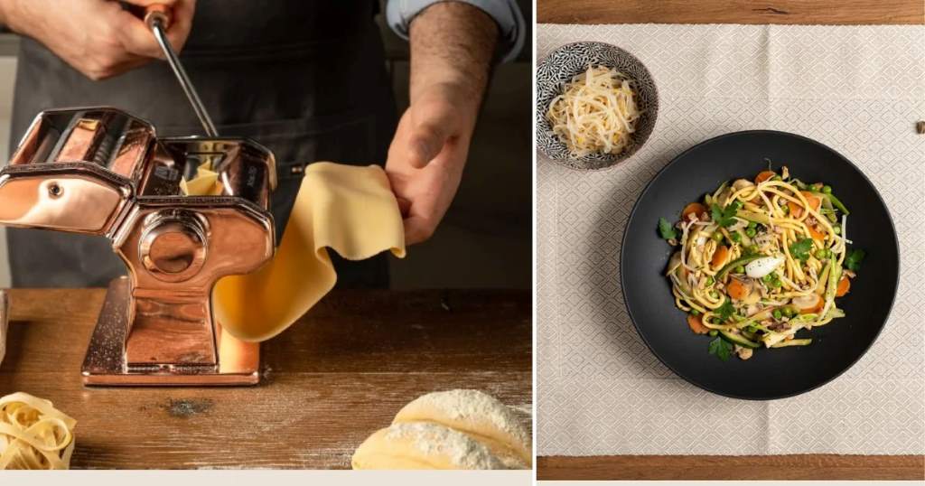 Shiny Marcato Atlas 150 rolling perfect pasta sheets on wooden counter