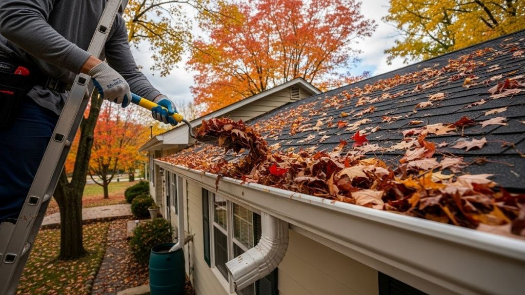 Homeowner cleaning gutters filled with autumn leaves to prevent water damage and ensure proper roof drainage