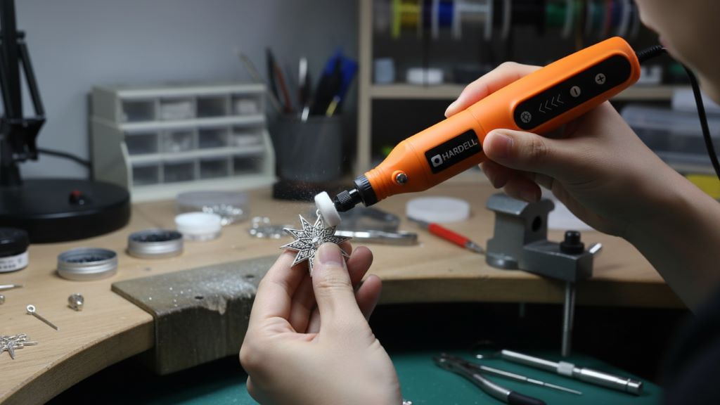 User polishing jewelry with HARDELL rotary tool