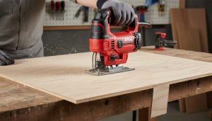 Battery-powered cordless jigsaw cutting smooth curve in plywood sheet