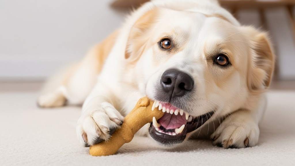 Happy dog chewing on dental treat to prevent plaque