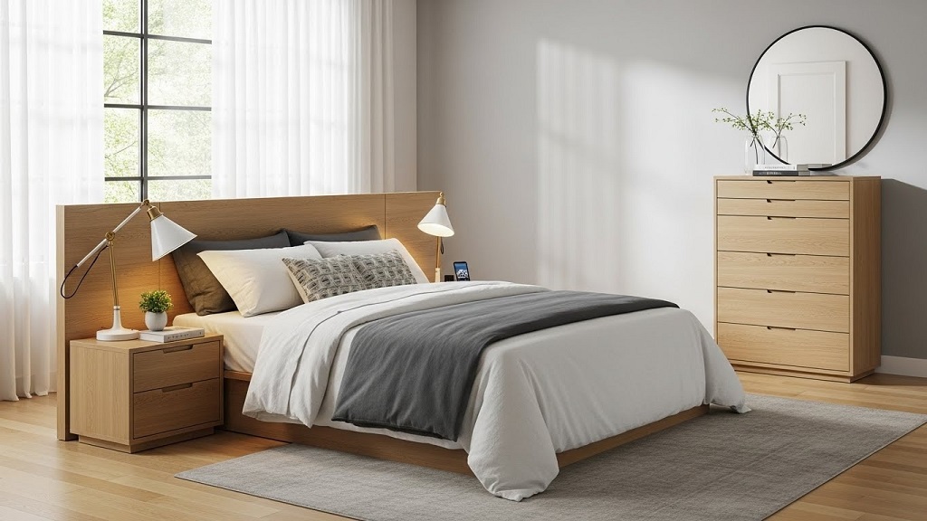 Modern queen bedroom furniture set with coordinated storage