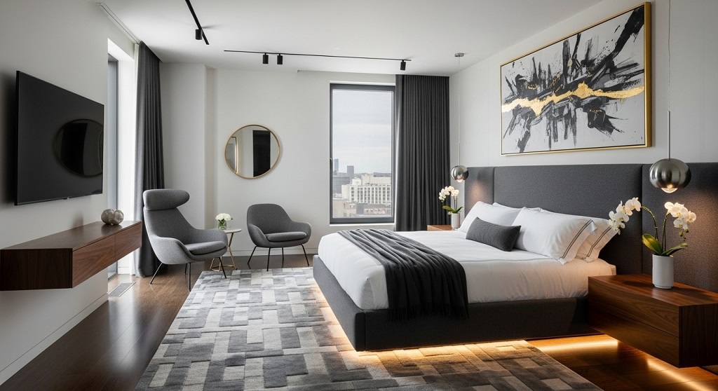 Modern bedroom furniture setup with king size bed