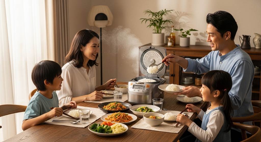 Family of four enjoying meal with freshly cooked rice from rice cooker