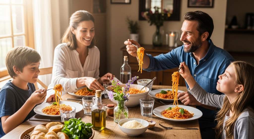 Happy family gathered around table enjoying plates of fresh homemade pasta with tomato sauce