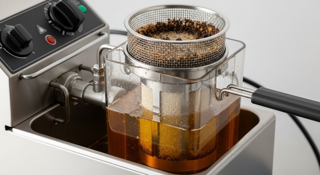 Electric deep fryer maintenance process showing oil filtration in action with clear container and filter system removing food particles