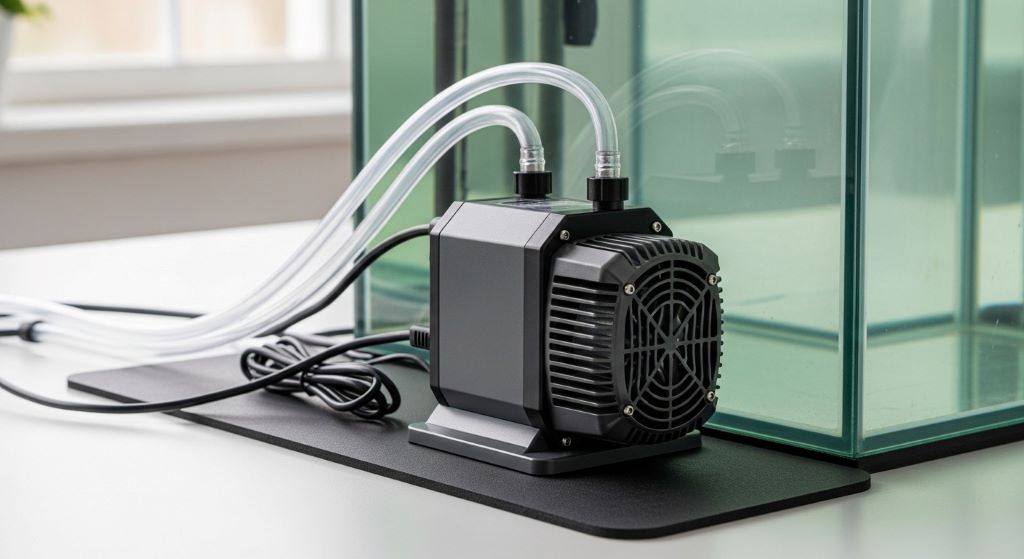 Properly ventilated external aquarium pump with adequate clearance space for airflow to prevent overheating during continuous operation