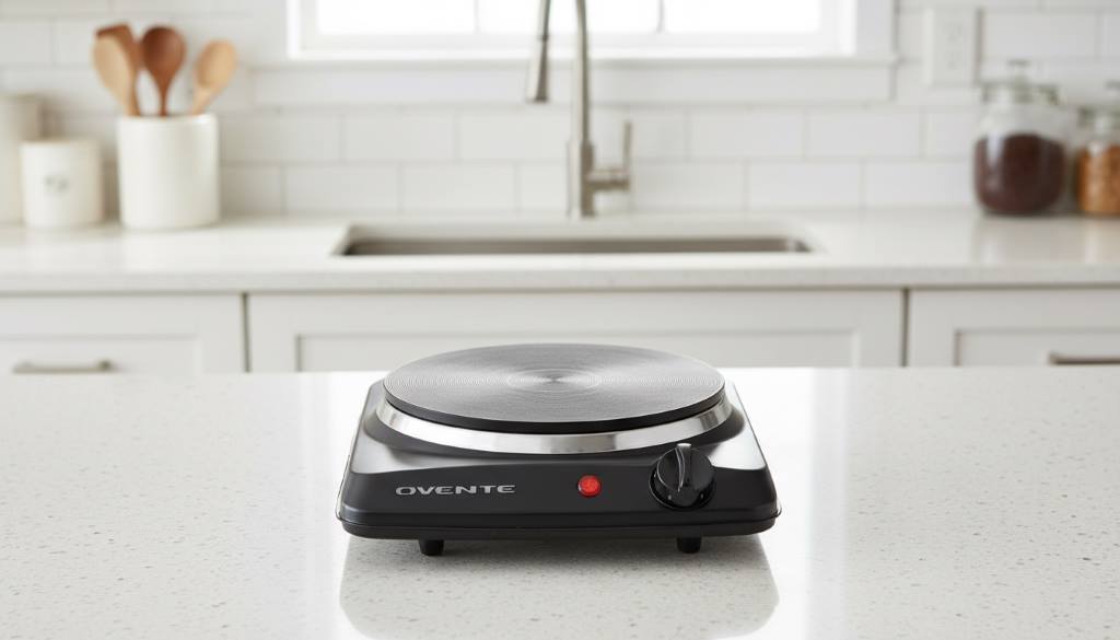 OVENTE 1000W Single Burner Hot Plate on a kitchen counter with proper clearance from flammable items showing safe setup