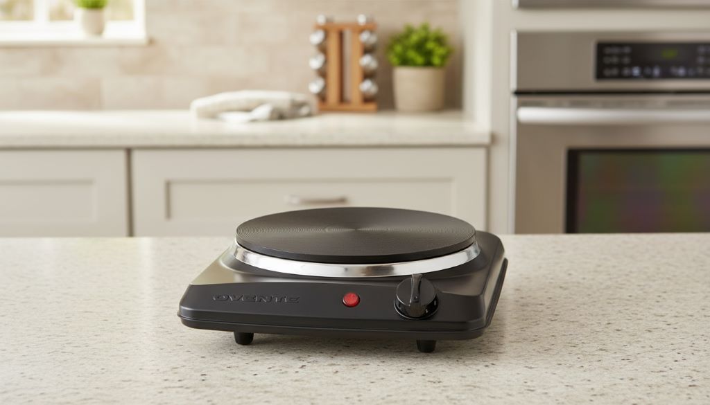 Step-by-step visual guide showing baking soda paste applied to remove burnt residue from electric hot plate surface