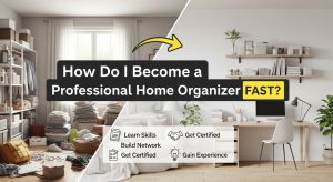 Professional home organizer arranging labeled storage bins in kitchen pantry