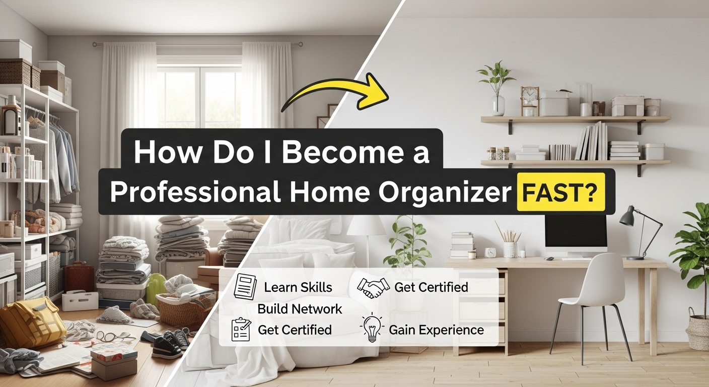 Professional home organizer arranging labeled storage bins in kitchen pantry