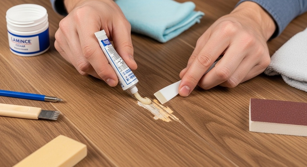 Repairing chipped laminate flooring with repair filler