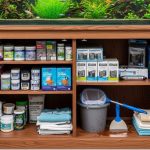Wooden cabinet aquarium stand with open doors showing organized shelves storing fish food, filters, and aquarium maintenance supplies
