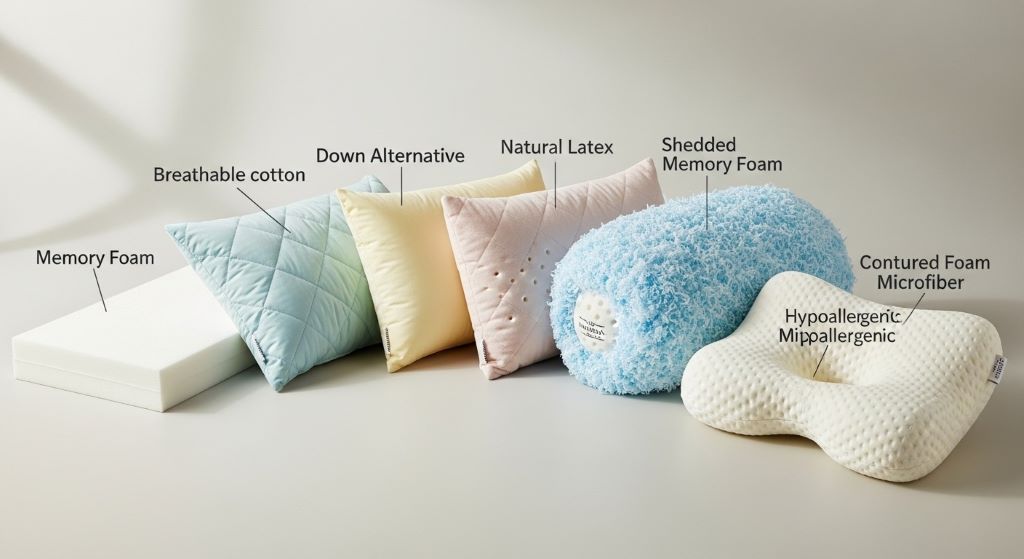 Various children's pillows showing different thicknesses and materials for proper sleep support