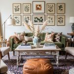 vintage wooden dining table styled in modern living room interior