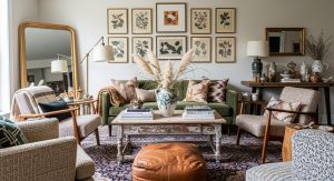 vintage wooden dining table styled in modern living room interior