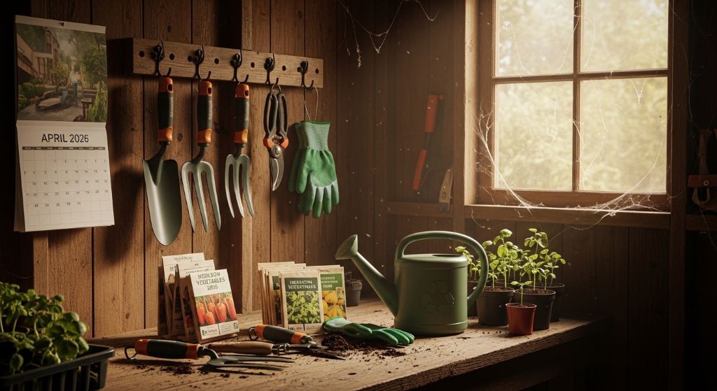 A complete starter kit gardening set displayed in a garden shed, featuring essential tools for first-time gardeners in 2026