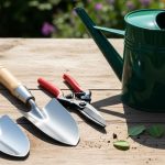 A beginner's basic garden tools laid out on a wooden surface, including a hand trowel, spade, pruning shears, and watering can