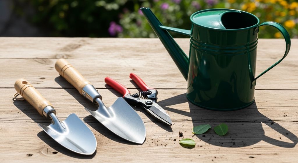 A beginner's basic garden tools laid out on a wooden surface, including a hand trowel, spade, pruning shears, and watering can
