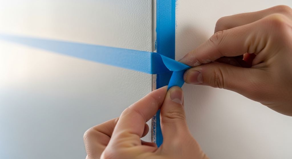 Close-up of a painter peeling back painter's tape to reveal a sharp, clean paint edge on an interior wall.