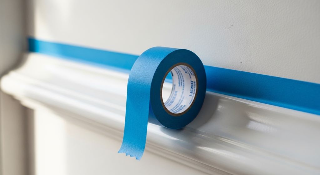 A roll of blue painter's tape applied neatly along white wall trim before painting.