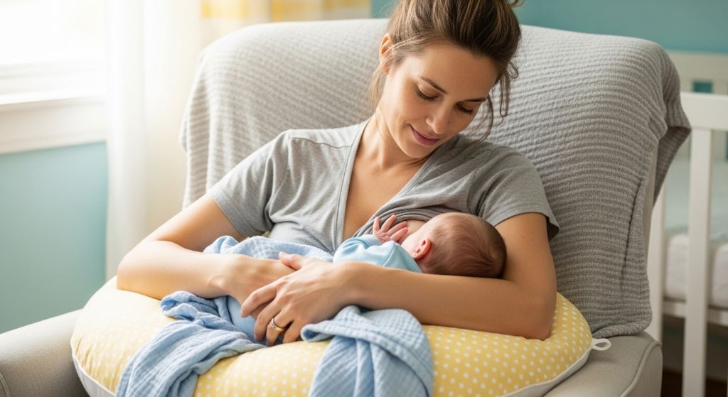 New mom using an affordable nursing pillow to breastfeed her newborn baby