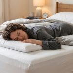 A thin, flat pillow on a bed designed for stomach sleepers seeking affordable sleep support