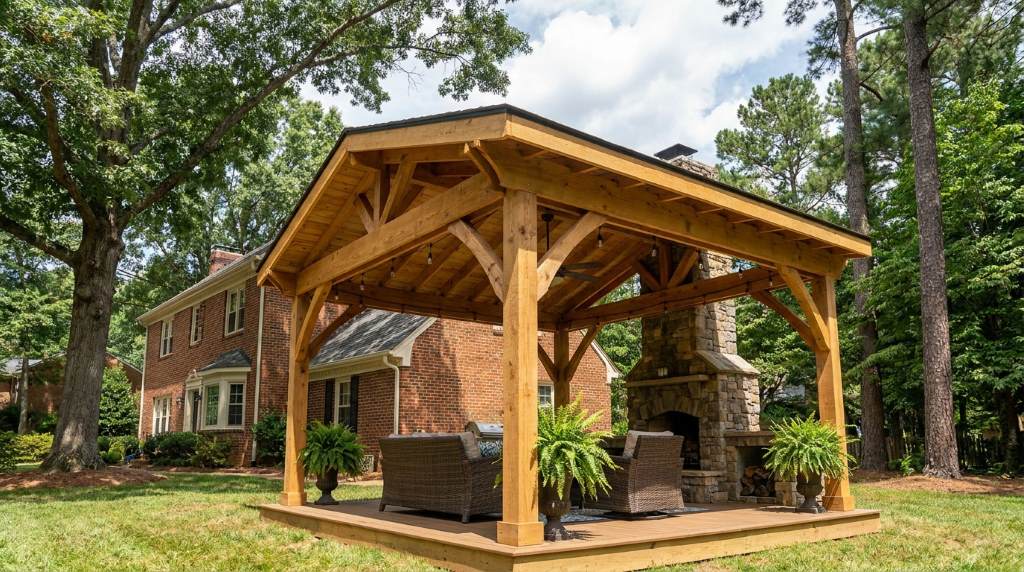 Covered backyard retreat with patio seating in Charlotte NC