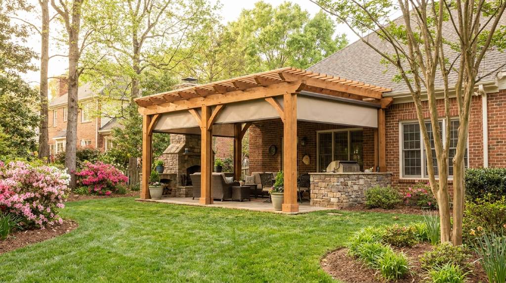 Covered pergola backyard entertainment area in Charlotte NC
