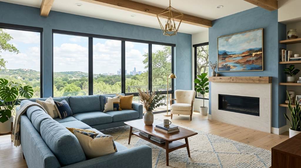 Dusty blue sectional sofa in a contemporary Texas modern living room with large windows