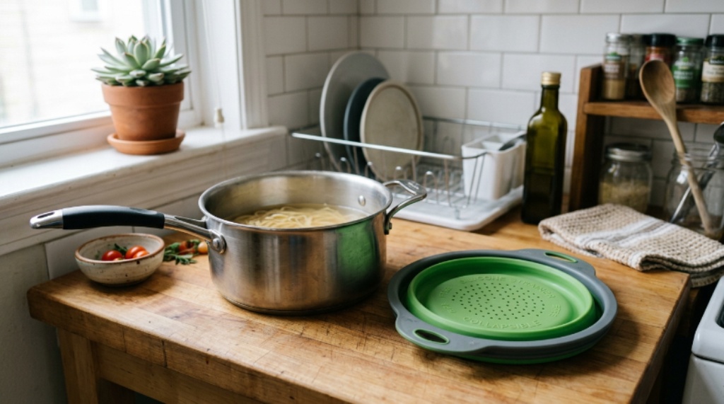 Collapsible silicone space-saving strainer folded flat beside a pot on a small apartment kitchen counter