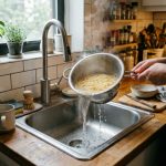 Compact stainless steel pasta strainer draining spaghetti over a small kitchen sink with limited counter space