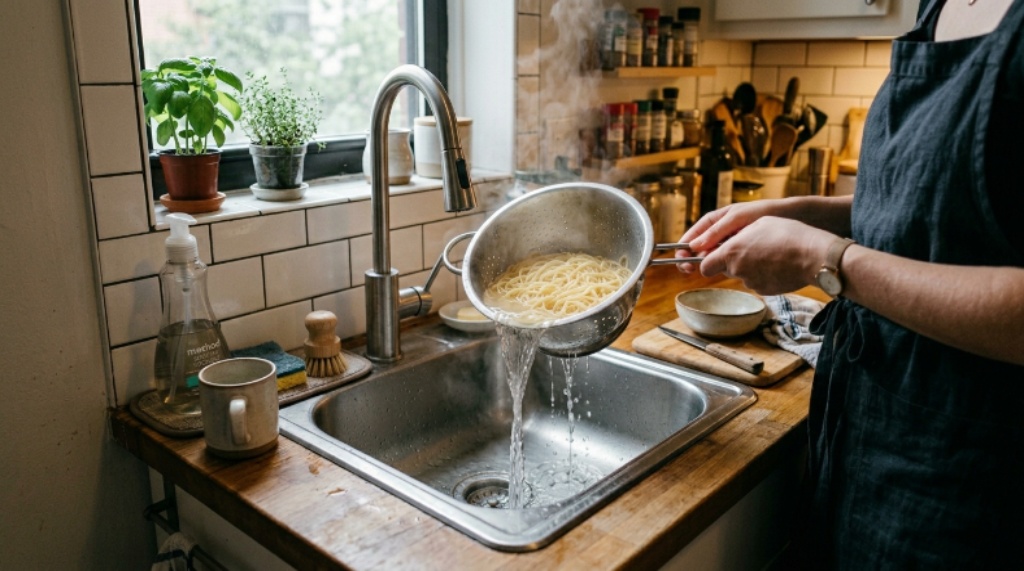Compact stainless steel pasta strainer draining spaghetti over a small kitchen sink with limited counter space