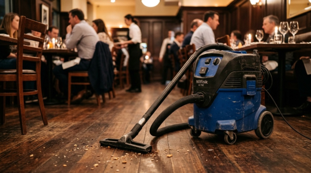Close-up of a commercial vacuum cleaner on a restaurant floor with tables and chairs in the background