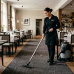 Staff member using a quiet commercial vacuum cleaner in a restaurant dining room between service hours
