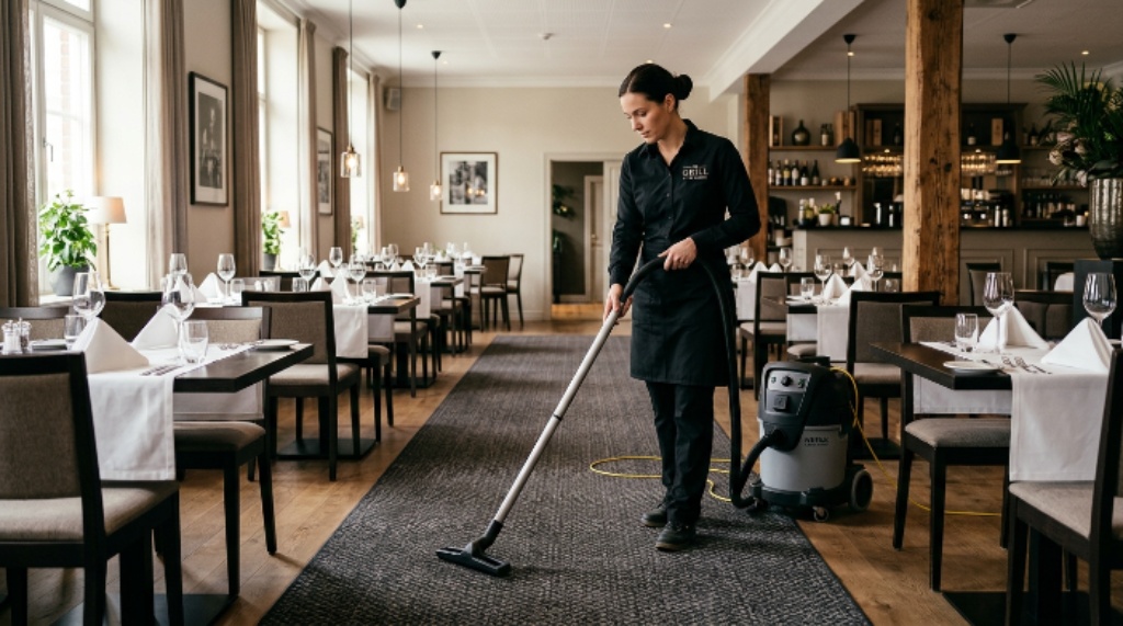 Staff member using a quiet commercial vacuum cleaner in a restaurant dining room between service hours