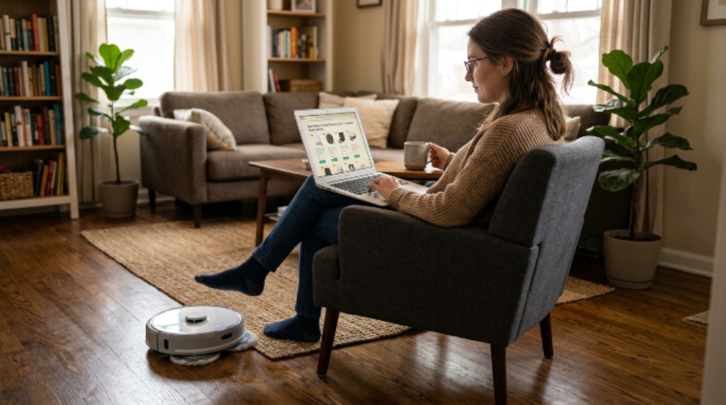 Close-up of a best robot mop combo navigating between hardwood and tile flooring in a modern home